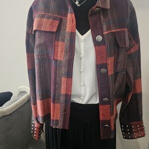 Women's Plaid Jean Jacket with Studded Cuffs